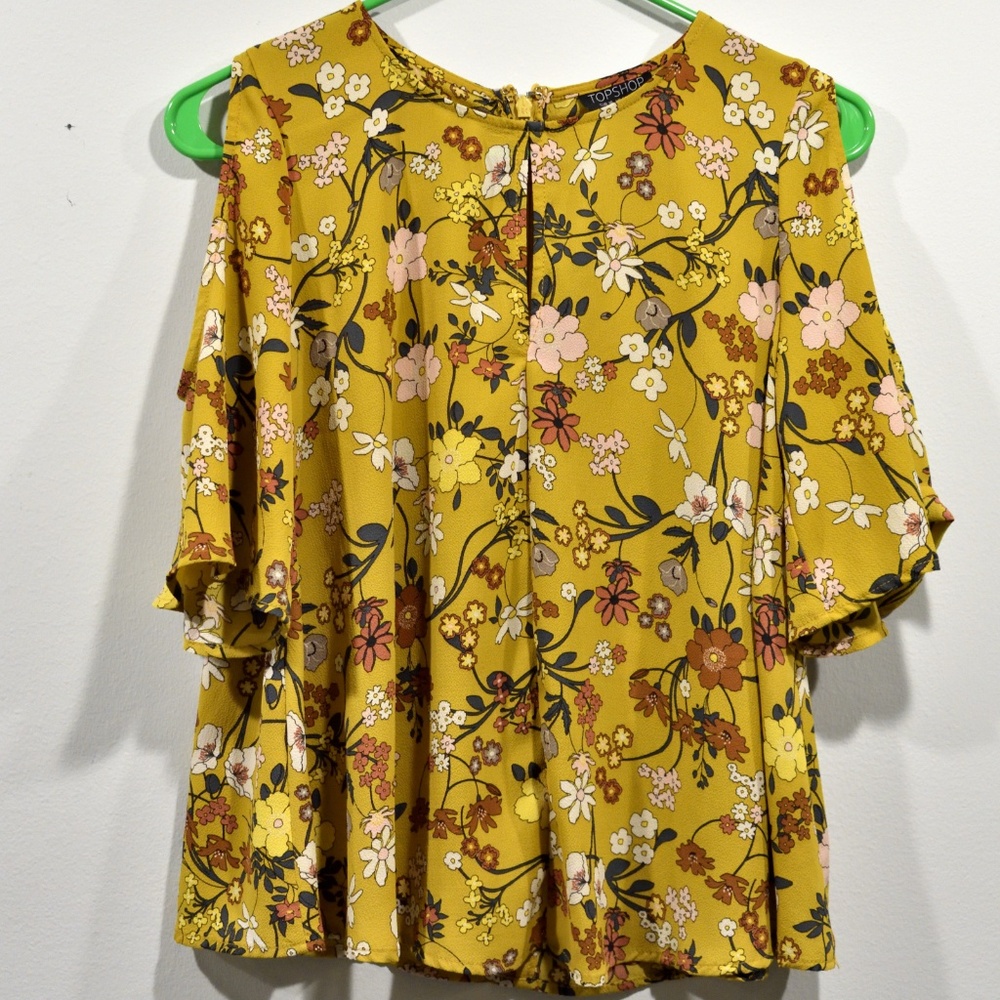 Topshop Chic mustard cold shoulder floral blouse 6